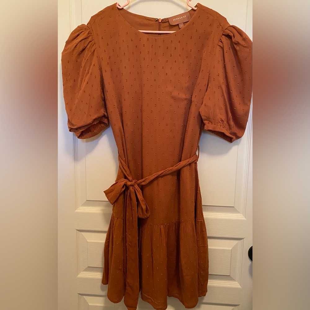 JessAkae Gable Mini Dress in Gingerbread w Blouson 1/2 sleeves. - Picture 2 of 8